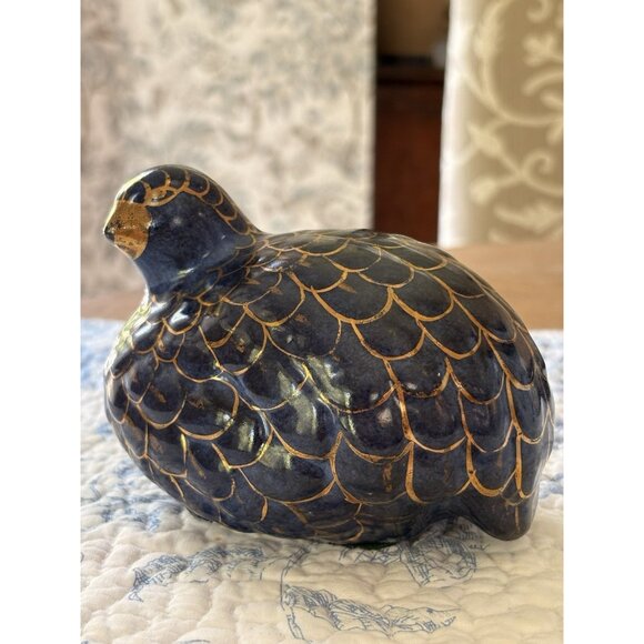 Vintage Partridge Quail Blue Gold Figurine Porcelain Bird 5” - Picture 1 of 8